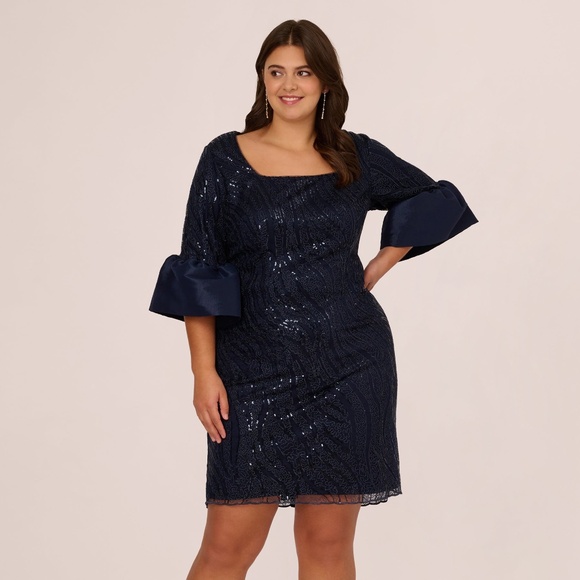 Adrianna Papell Plus Size Sequin Embroidered Dress With Taffeta Bell Sleeves In - Picture 2 of 3